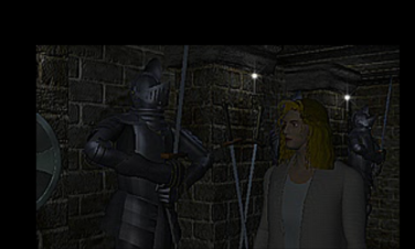 A suit of armor menaces Laura.